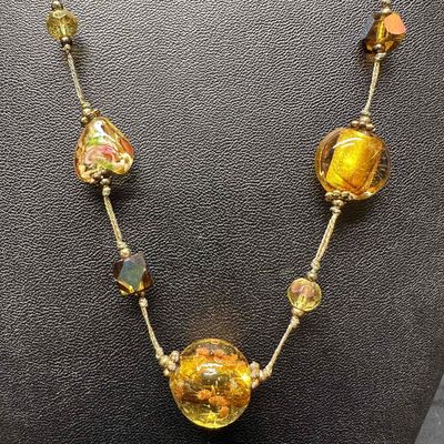 Floral Yellow Gold Venetian Murano Lamp Work Art Glass Necklace