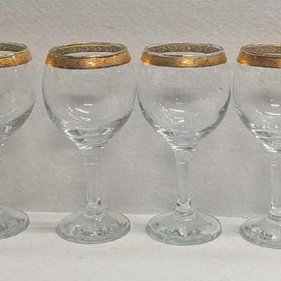 6 Gold Rimmed Glass Goblets With Renaissance Pattern