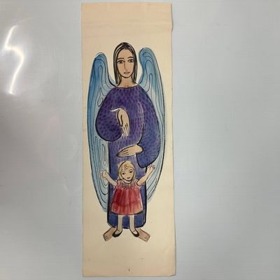 Folk Art Angel Guardian Watercolor Painting on Paper