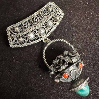 Antique Etruscan Revival 800 Silver Brooch with Fob Coral and Green Turquoise Charm