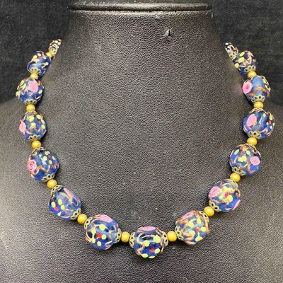 Venetian Murano Art Glass Lamp Work Dark Blue Floral Pink Beaded Necklace E13