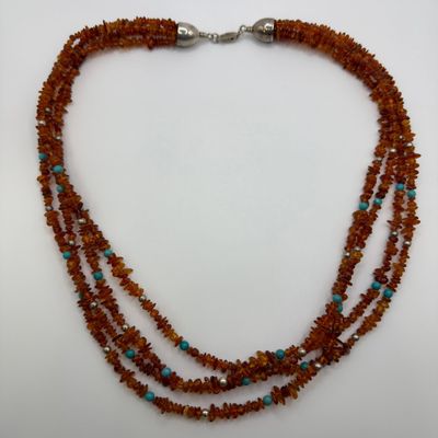 Triple Strand Amber and Turquoise Chip Bead Sterling Silver Necklace DTR 925
