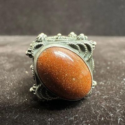 Gold Brown Sand Stone Style Ornate Floral Motif Silver Charm V49