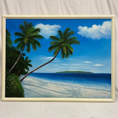 M. Gordon Signed Tropical Beach Paradise Landscape Style Oil Painting on Canvas Framed R214