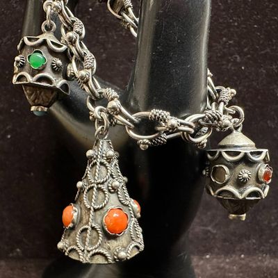 Silver 800 Triple Charm Oval Double Link Chain Bracelet L70