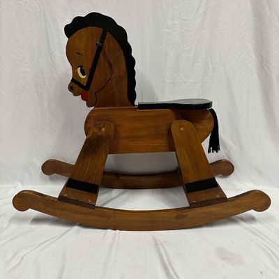 Handcrafted Wooden Rocking Horse with Painted Cartoon Face Modern Design Unmarked