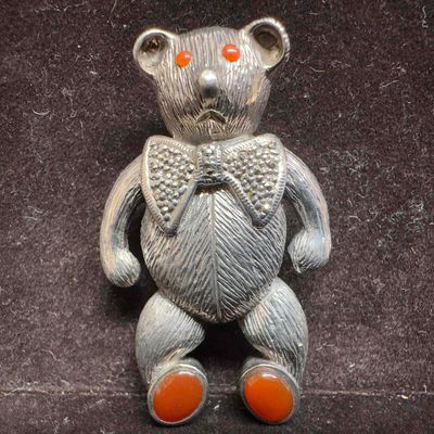 Teddy Bear Marcasite Carnelian Sterling Silver Brooch Pin C89