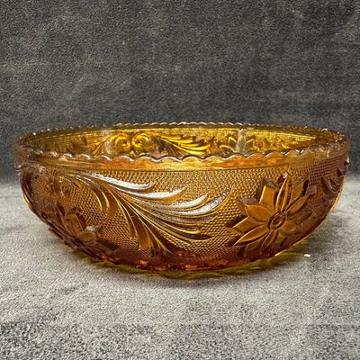 Amber Brown Pressed Glass Floral Pattern Serving Bowl Dish