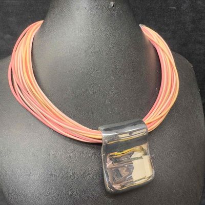 Milor Pink Leather Multi Strand Sterling Silver Pendant Enhancer Necklace