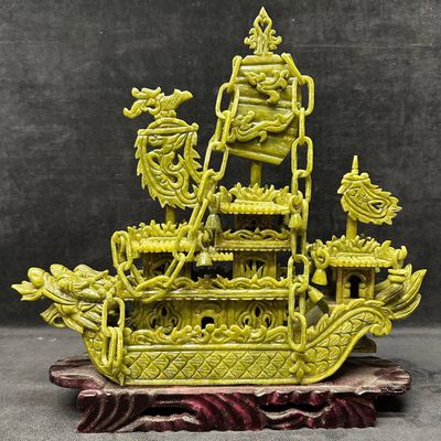 Faux Jade Fine Carved Resin Green Dragon Boat Ship Decorative Figure Wood Base