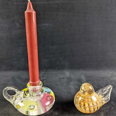 Vintage Joe St Clair Glass Candle Holder & Bird