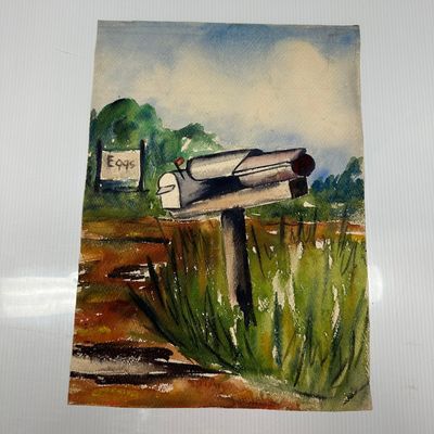 Jo Swanson Mixed Media Painting of Rural Mailbox Landscape