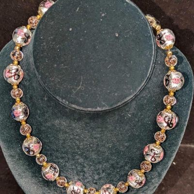 Vintage Italian Murano Gray And Pink Art Glass Bead Necklace VVV.