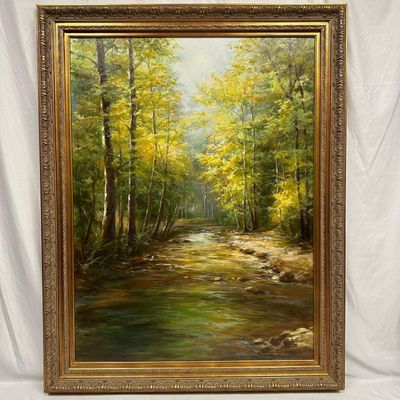L. Pollini Signed Forest Stream Landscape Oil Painting on Canvas Framed Gold Ornate Large Frame R214