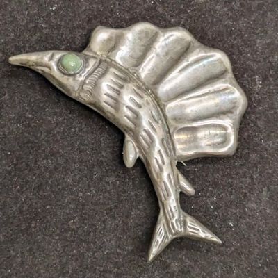 Vintage Mexican Silver Leaping Fish Brooch Pin