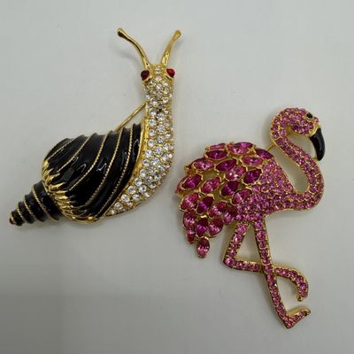 Pink Rhinestones Flamingo and Black Enamel Snail Pair of Nolan Miller Brooches AB27