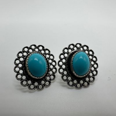 Scalloped Silverwork Filigree Bezel Frame Faux Turquoise Earrings Silver