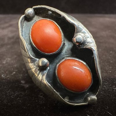 Navajo Native Southwestern Style Two Red Coral Cabochons Silver Ring