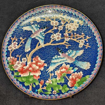 Vintage Cloisonne Azure Winged Magpie Floral Plate
