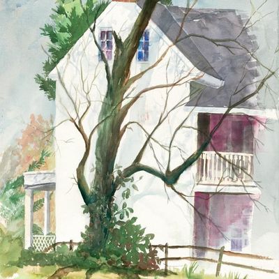 Alice B. Hoffberger Watercolor Art Print White House with Tree and Fence Giclee