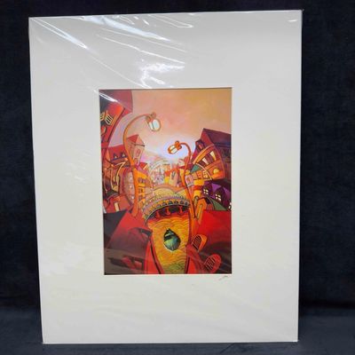 Suro Kim Print Signed Surrealistic Bridge Under Street Lights Boat Scene