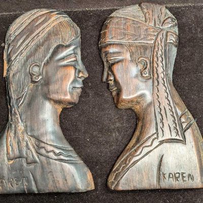 2 Hand Carved Karen Hindu Style Folk Art Relief Teak Wall Art