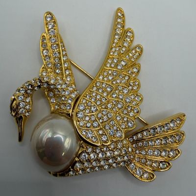 Nolan Miller Fantasy Flight Swan Brooch Large Faux Pearl Rhinestone Crystals AB30