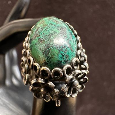 Chrysocolla Oval Gemstone Sterling 925 Silver Floral Design Bezel Ring