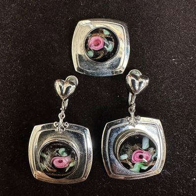 Amco Sterling Silver Floral Black Art Glass Accents Jewelry Set