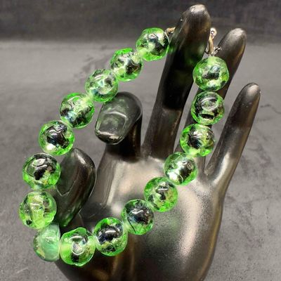 Venetian Murano Lamp Work Art Glass Round Clear Green Bead Bracelet E67