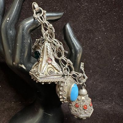 Glass and Faux Stone Ornate Fob Charm 800 Silver Bracelet O49