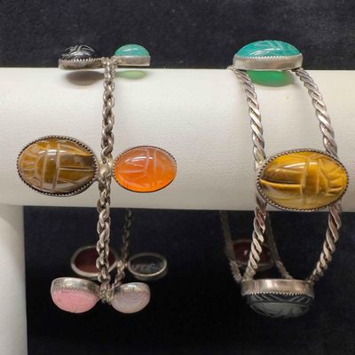 Scarab Beetle Egyptian Hieroglyphs Gemstone Multi Colored Gemstones Sterling Silver Bracelet Set