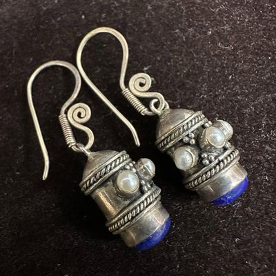 Unmarked Tibetan Style Dangle Silver Earrings Pearl and Lapis