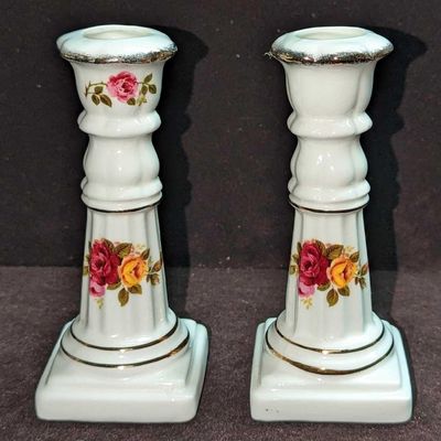 2 Brinn's Fine Bone China Cottage Rose Candlestick Holders