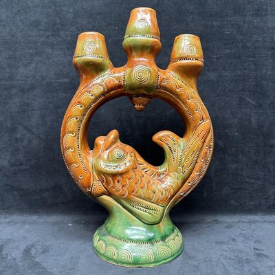 Art Pottery Figural Fish Three Neck Candlestick Holder