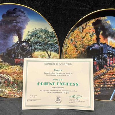 Two Porcelain Trains of The Orient Express Plates Edged in 22ct. Gold by Rob Johnson With COA