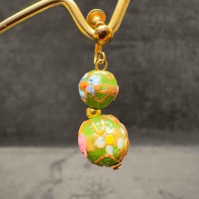 Murano Venetian Lamp Work Art Glass Green Copper Accents Pink Floral Bead Drop Earrings F42
