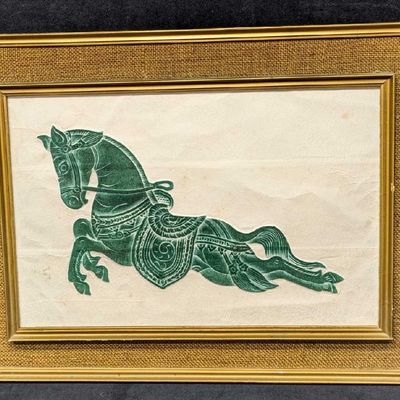 Framed Vintage Thai Temple Green Horse Rubbing