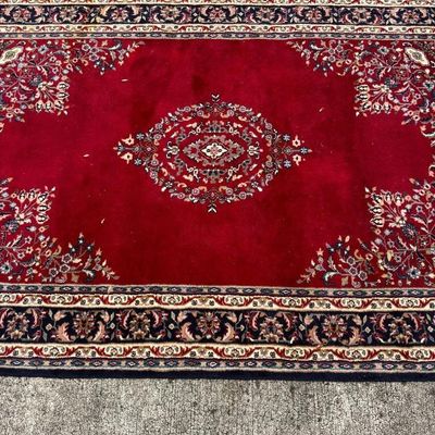 Large Red and Navy Blue Traditional Oriental Style Area Rug with Medallion Design