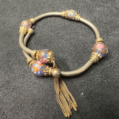 Venetian Murano Lamp Work Glass Art Purple Colored Beaded Bracelet Bangle Tassel F79