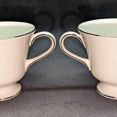 2 Wedgwood China Silver Ermine Contour Footed Cups A