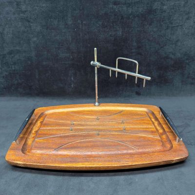 Vintage Wood Meat Carving Board Tray with Spikes and Spiked Holder Attachment