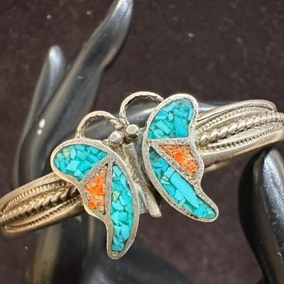 Turquoise and Red Coral Silver Unmarked Artisan Silverwork Cuff Bracelet V47