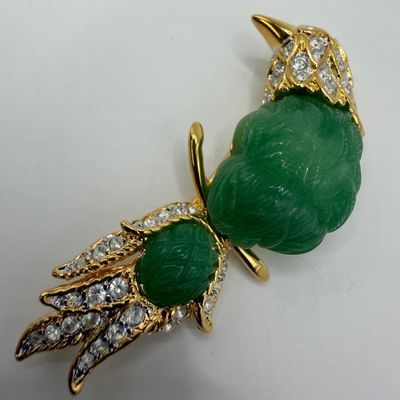 Nolan Miller Glamour Collection Faux Jade and Rhinestone Bird of Paradise Pin