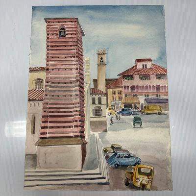 European Street Scene Watercolor Painting with Bell Tower and Vintage Automobiles