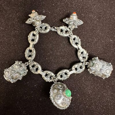 Mariner Chain Puffy Link Faux Glass Stone Accent Charm 800 Silver Bracelet K83