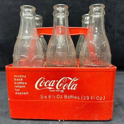 Coca-Cola 6 Bottle Red Plastic Carrier with Soda Water Vintage Glass Bottles