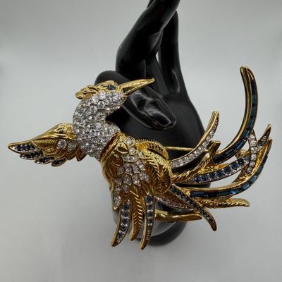 Nolan Miller Crystal and Blue Rhinestone Bird of Paradise Brooch Glamour Collection