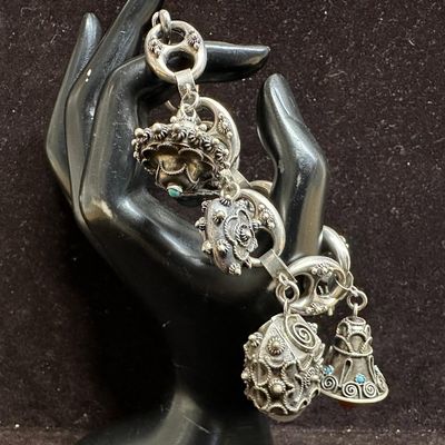 925 Silver Charm Bracelet with Ornate Charms with Gemstones L74