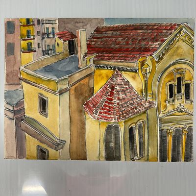 Original Watercolor Architectural Cityscape with Tile Roof Buildings